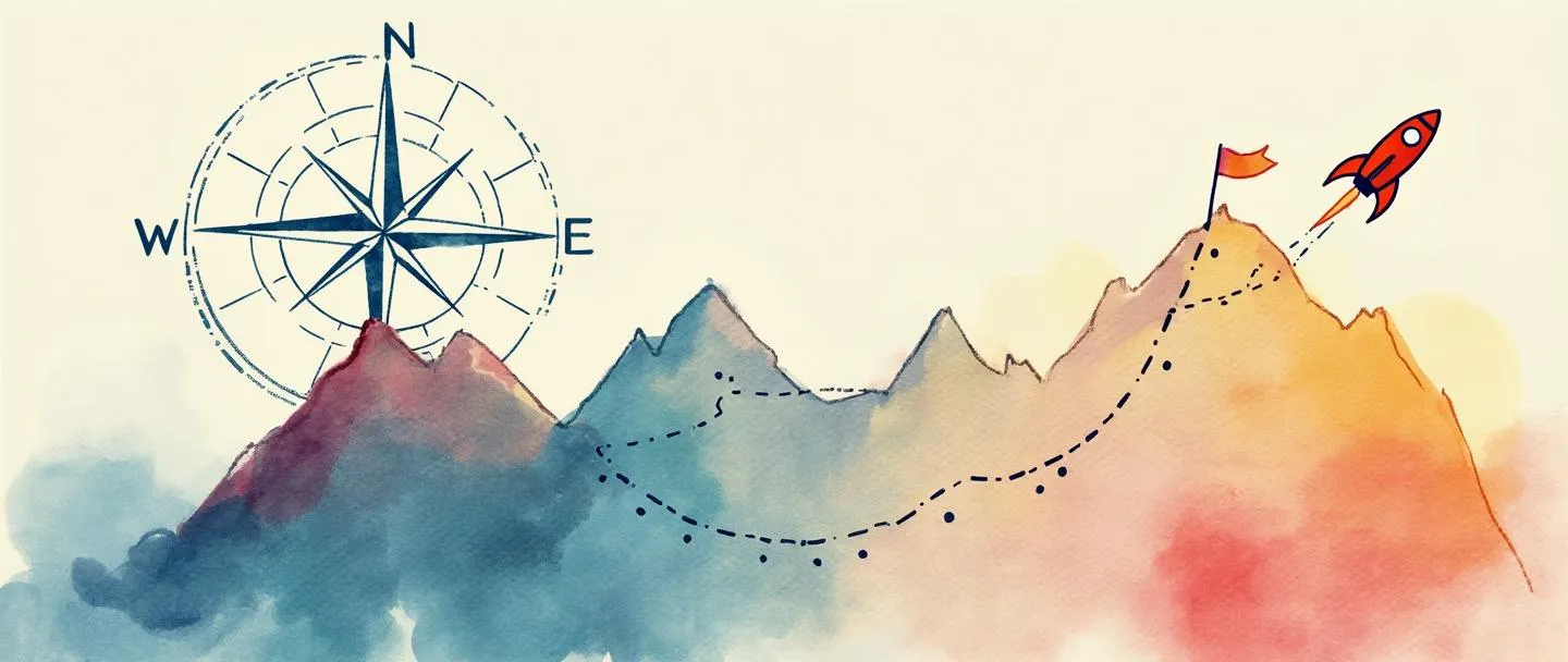 Uma pintura digital em aquarela de uma bússola apontando para um pico de montanha com uma bandeira no topo. Um mapa simplificado com um caminho pontilhado conecta um ponto de partida até o cume. Um pequeno foguete voa para cima ao longo do caminho. Linhas limpas, sensação estratégica, direção proposital, paleta de cores vibrante porém minimalista.