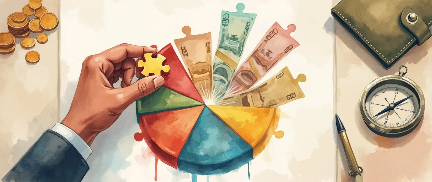 Uma pintura digital em aquarela de uma mão colocando peças de quebra-cabeça em um gráfico de pizza, com moedas e notas de diferentes cores fluindo entre as seções do gráfico. Uma bússola guia a colocação, enquanto uma pequena pasta de investimentos está próxima. Composição simples, cores quentes, conceito equilibrado de investimento.