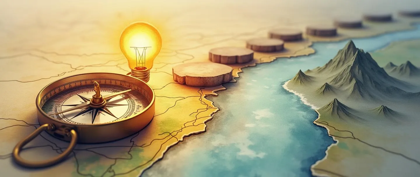 Uma pintura digital em aquarela de uma bússola guiando uma jornada através de um mapa estratégico, com uma lâmpada iluminando um caminho em direção ao pico de uma montanha. Um fluxograma simplificado conecta pedras de passagem através de um rio, levando a um alvo distante. Cores quentes, direção clara, conceito de planejamento.