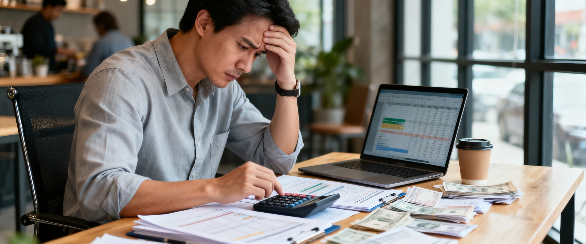 Como sair de dívidas empresariais sem fechar o negócio Empresário preocupado analisando documentos financeiros e calculadora em escritório moderno, foto editorial ultra-realista capturando momento autêntico de gestão de negócios e planejamento financeiro.