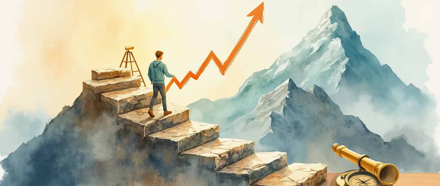 Tradução para português brasileiro:

Uma pintura digital em aquarela de uma pessoa subindo uma escada em direção ao pico de uma montanha, com um gráfico de tendência ascendente ao fundo. Pequenas pedras formam um caminho para cima, com uma bússola e um telescópio próximos. A cena é banhada em cores quentes e inspiradoras, transmitindo crescimento e direção. Composição simples com metáforas visuais claras para objetivos e progresso.