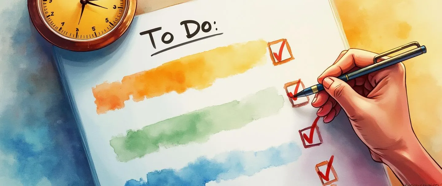 Uma pintura digital em aquarela de uma lista de tarefas com itens em diferentes cores, mostrando níveis claros de prioridade. Um relógio paira acima enquanto uma mão segura uma caneta marcando o item de maior prioridade. Composição simples com cores vibrantes, porém suaves, transmitindo organização e eficiência.