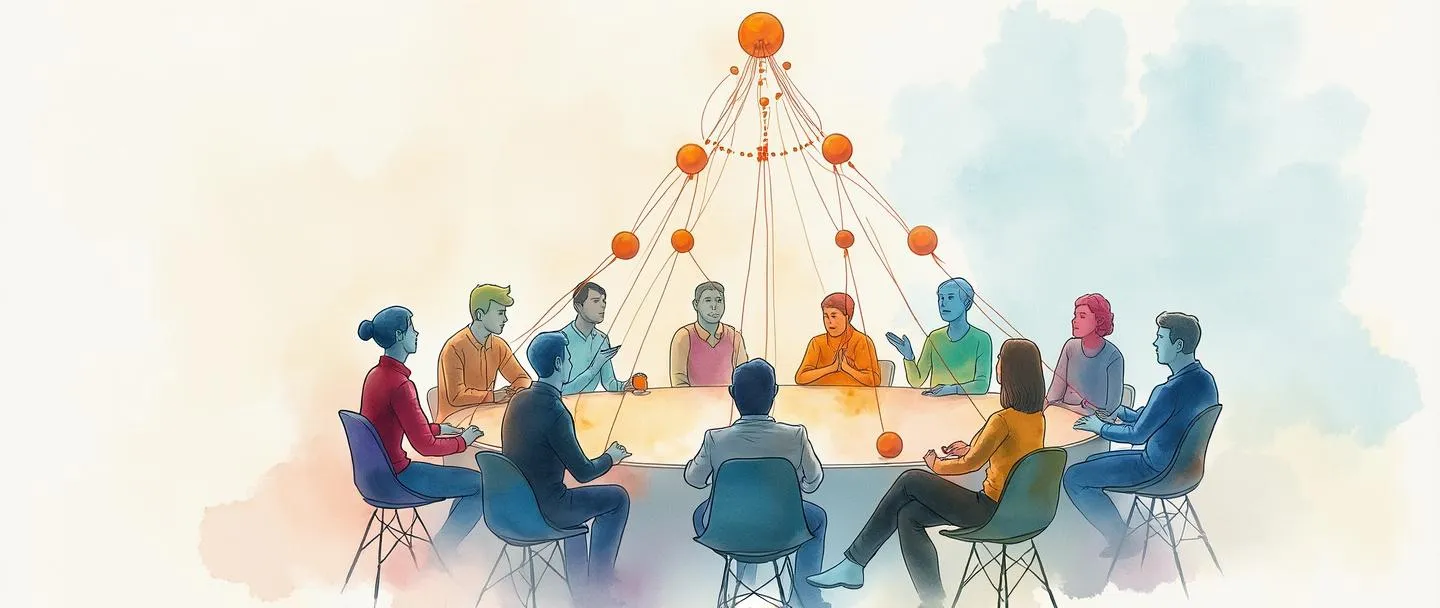 Uma pintura digital em aquarela mostrando pessoas sentadas em uma mesa circular, colaborando igualmente sem um líder claro. Linhas de conexão formam uma rede entre elas, com ideias fluindo livremente. Uma pirâmide hierárquica tradicional próxima foi achatada em uma linha horizontal. Cores simples e vibrantes enfatizam igualdade e trabalho em equipe.