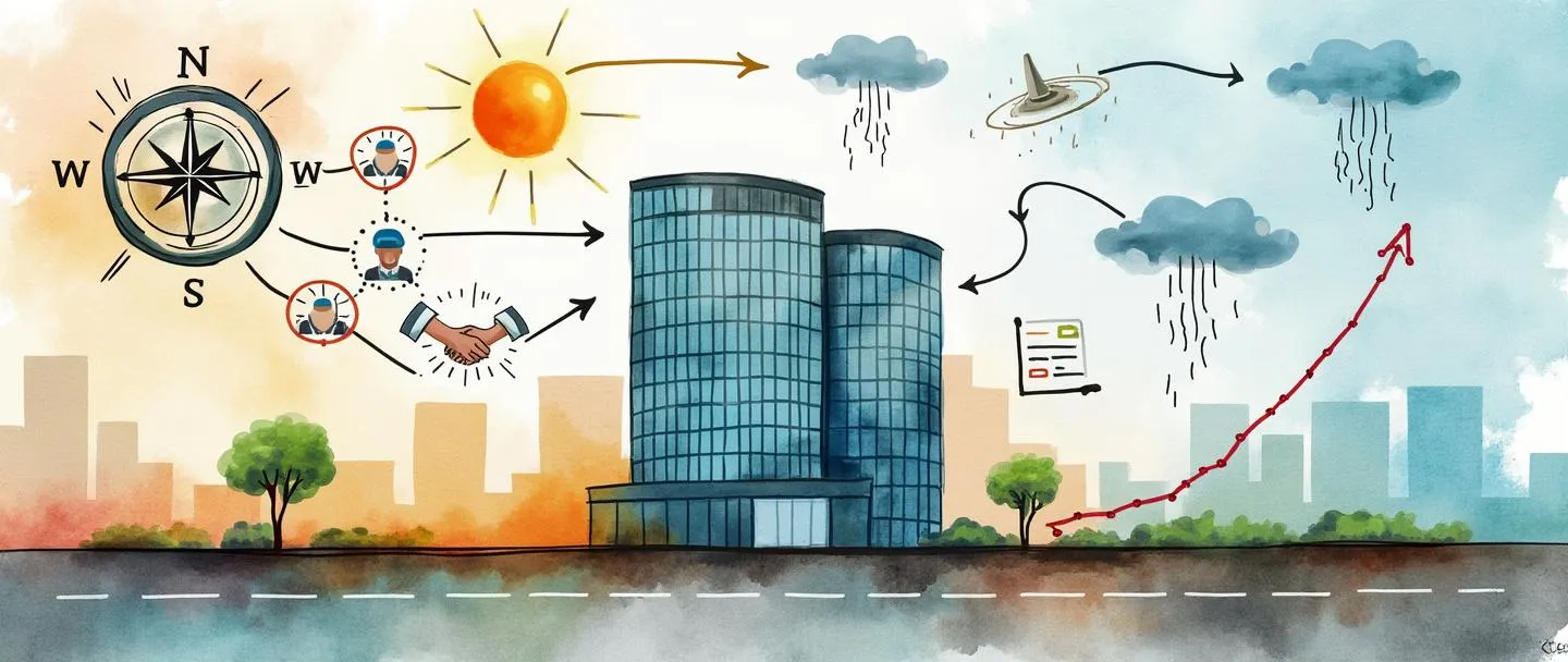 Uma pintura digital em aquarela mostrando um edifício de escritórios cercado por um ecossistema dinâmico de elementos interconectados: uma bússola apontando em múltiplas direções, uma pequena rede de apertos de mão, um gráfico crescente com tendência ascendente, e fatores externos representados por elementos climáticos (sol, nuvens, vento) influenciando o edifício. Composição simples com cores vibrantes, porém profissionais.