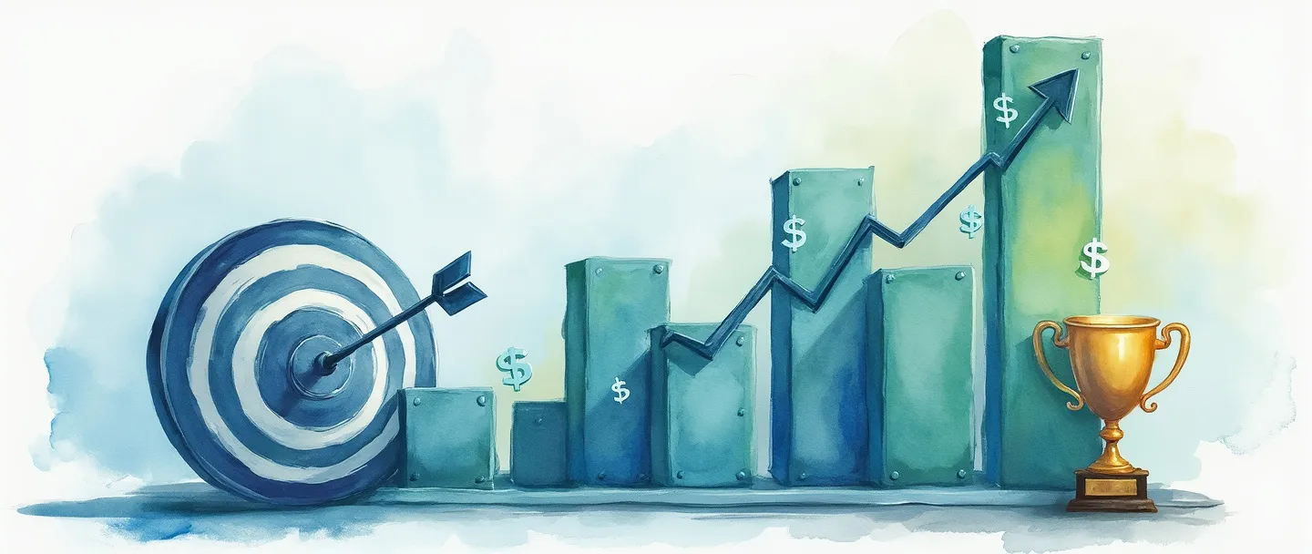 Uma pintura digital em aquarela de um gráfico de barras com tendência ascendente com cifrões, conectado a um alvo com centro marcado. Um pequeno troféu está ao lado do gráfico, com uma chave simples desbloqueando um símbolo de porcentagem brilhante. Composição limpa, tema de análise de negócios, usando tons suaves de azul e verde.