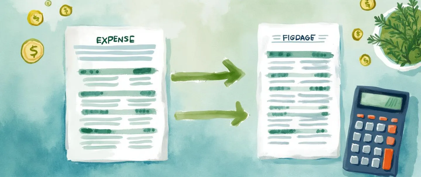 Uma pintura digital em aquarela de um documento com categorias de despesas sendo reorganizadas por setas, transformando-se de uma coluna para outra. Uma pequena calculadora está próxima com símbolos de dinheiro flutuando acima dela. Composição simples com tons suaves de azul e verde, transmitindo organização financeira e clareza.