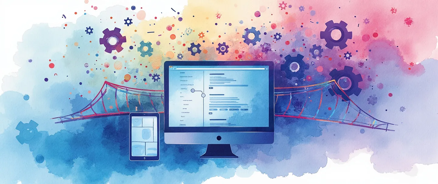 Uma pintura digital em aquarela de uma tela de computador exibindo uma página web com engrenagens interconectadas e peças de quebra-cabeça flutuando ao redor. Uma ponte conecta a tela a um smartphone, com fragmentos coloridos de código fluindo entre eles. Composição simples com tons vibrantes de azul e roxo, transmitindo o desenvolvimento de plataformas web.