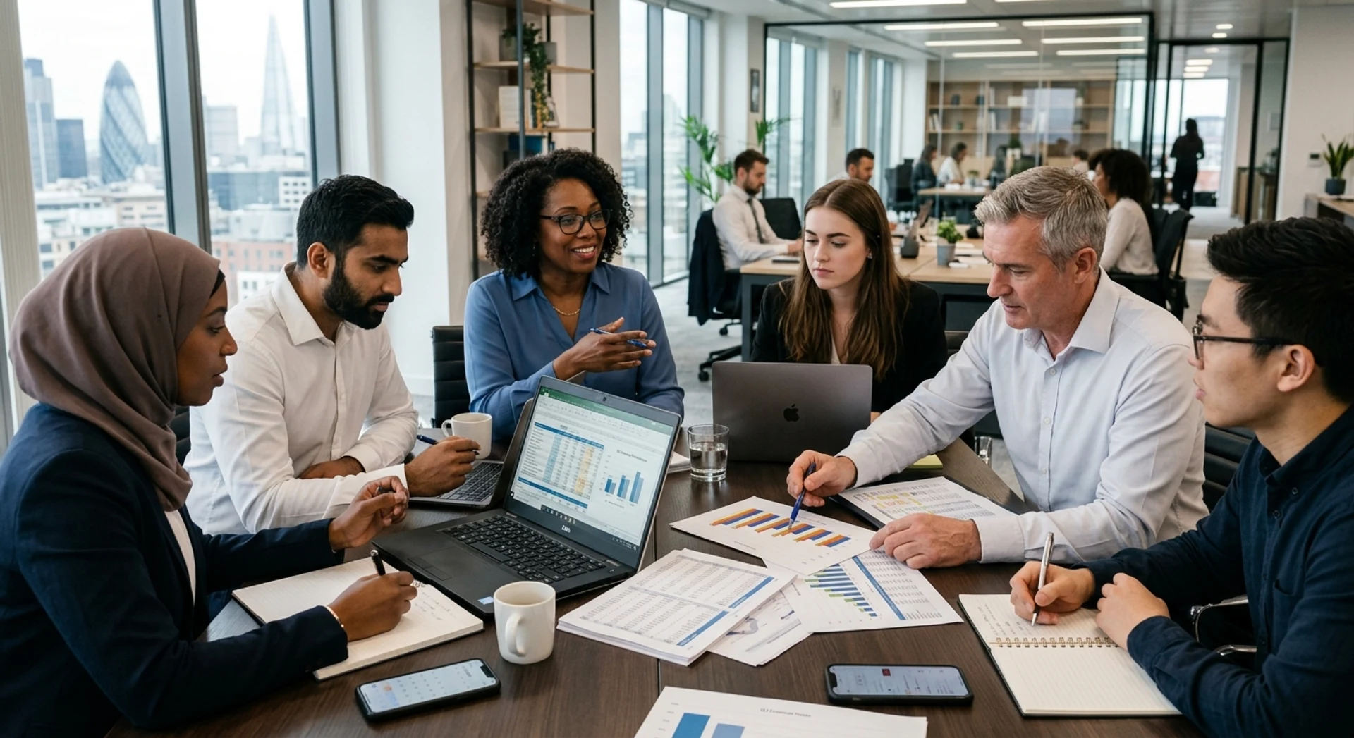 Equipe de negócios diversificada colaborando em mesa de conferência com documentos financeiros, laptops e gráficos em ambiente corporativo profissional, fotografia documental autêntica em alta resolução.