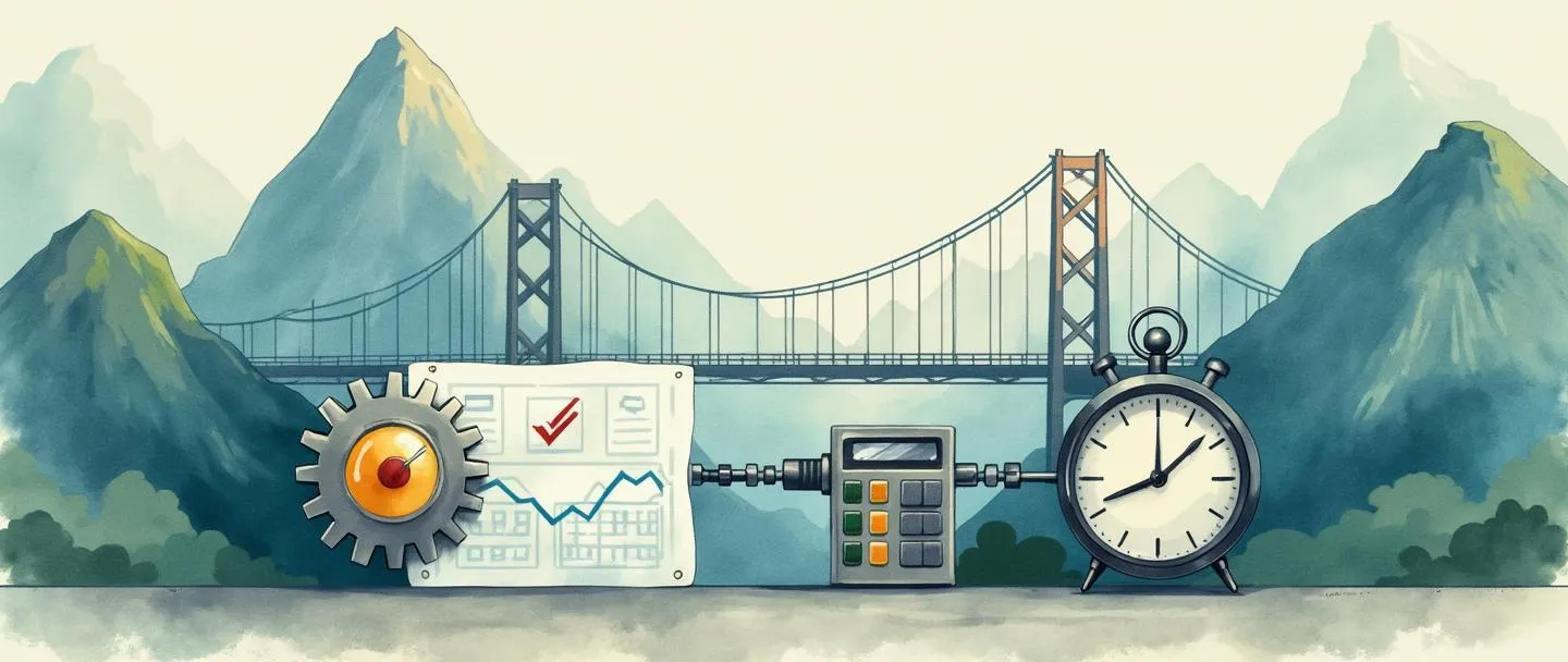 Uma pintura digital em aquarela de um mecanismo de engrenagens conectando uma planta baixa a um alvo com um sinal de verificação. Um pequeno relógio e uma calculadora estão próximos, enquanto uma ponte se estende entre duas montanhas no fundo. Composição simples, tons suaves de azul e verde, transmitindo viabilidade operacional.