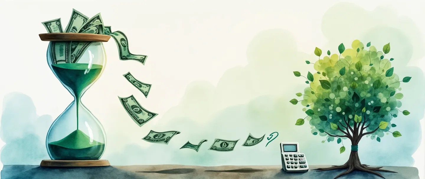 Uma pintura digital em aquarela de uma linha do tempo de fluxo de caixa com notas de dólar fluindo através de uma ampulheta, transformando-se em uma árvore de dinheiro em crescimento. Uma calculadora exibe números decrescentes, ilustrando o conceito de desconto. Composição simples com tons suaves de azul e verde, transmitindo planejamento financeiro e valor do dinheiro no tempo.