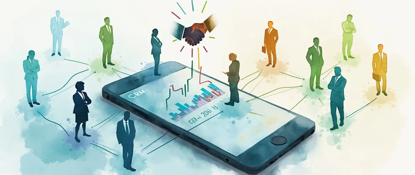 Uma pintura digital em aquarela de um smartphone conectado a múltiplas silhuetas de clientes com linhas de relacionamento coloridas. Uma pequena tela de painel de CRM é exibida na tela com um gráfico simples em tendência ascendente. Um ícone de aperto de mão flutua acima, simbolizando relacionamentos com clientes. Estilo limpo e profissional com tons suaves de azul e verde.