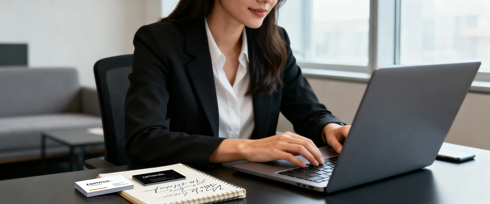 Mulher profissional confiante trabalhando em laptop em escritório moderno com materiais de branding pessoal, cartões de visita e caderno. Fotografia editorial ultra-realista com luz natural, foco nítido e detalhes precisos capturados em Canon EOS R5.