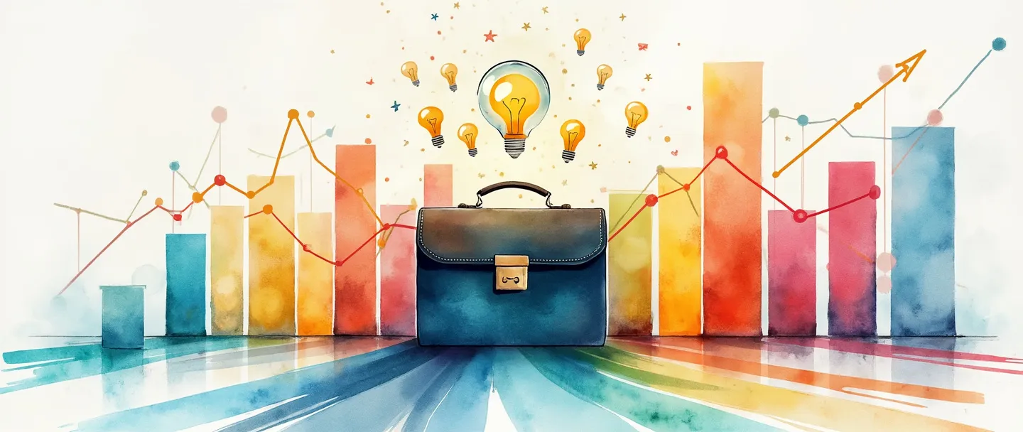 Uma pintura digital em aquarela de um gráfico de barras simplificado com múltiplos canais coloridos fluindo para uma pasta central. Uma lupa paira acima, revelando insights na forma de pequenas lâmpadas. Linhas limpas, estética empresarial, analítico mas acessível.