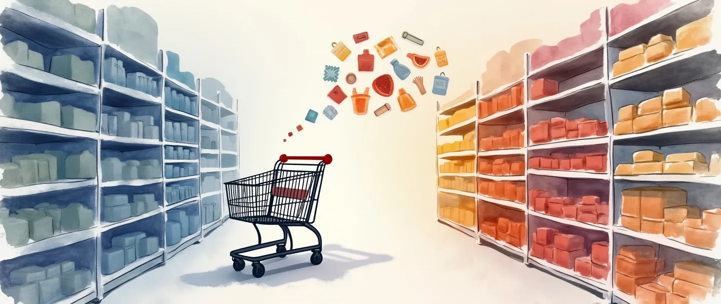 Uma pintura digital em aquarela de prateleiras de compras organizadas com categorias distintas de produtos, cada seção destacada por uma cor suave diferente. Um carrinho de compras navega entre as seções, com alguns itens flutuando acima em estilo de balão de pensamento. Composição simples, linhas limpas, conceito de organização de varejo.