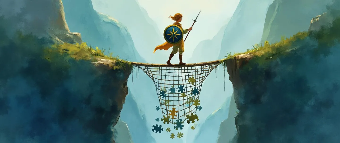 Uma pintura digital em aquarela de uma pessoa se equilibrando em uma ponte entre duas montanhas, segurando um escudo em uma mão e uma bússola na outra. Abaixo da ponte há uma rede de segurança feita de peças de quebra-cabeça entrelaçadas. A cena tem uma paleta calma de azul e verde com toques de dourado destacando a bússola e o escudo.