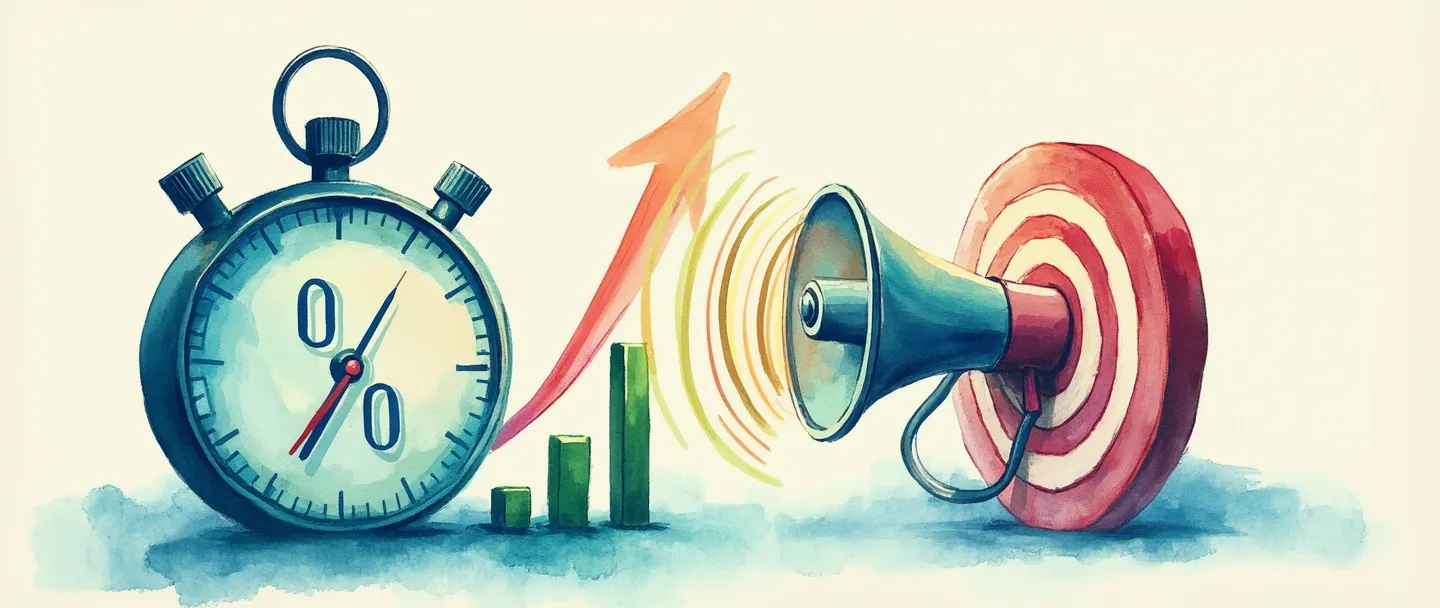 Uma pintura digital em aquarela de um cronômetro com um símbolo de porcentagem em seu mostrador, conectado a um gráfico de barras mostrando taxas de resposta crescentes. Um pequeno megafone emite ondas sonoras coloridas em direção a um alvo com seu centro destacado. Composição simples com azuis e verdes vibrantes, profissional mas acessível.