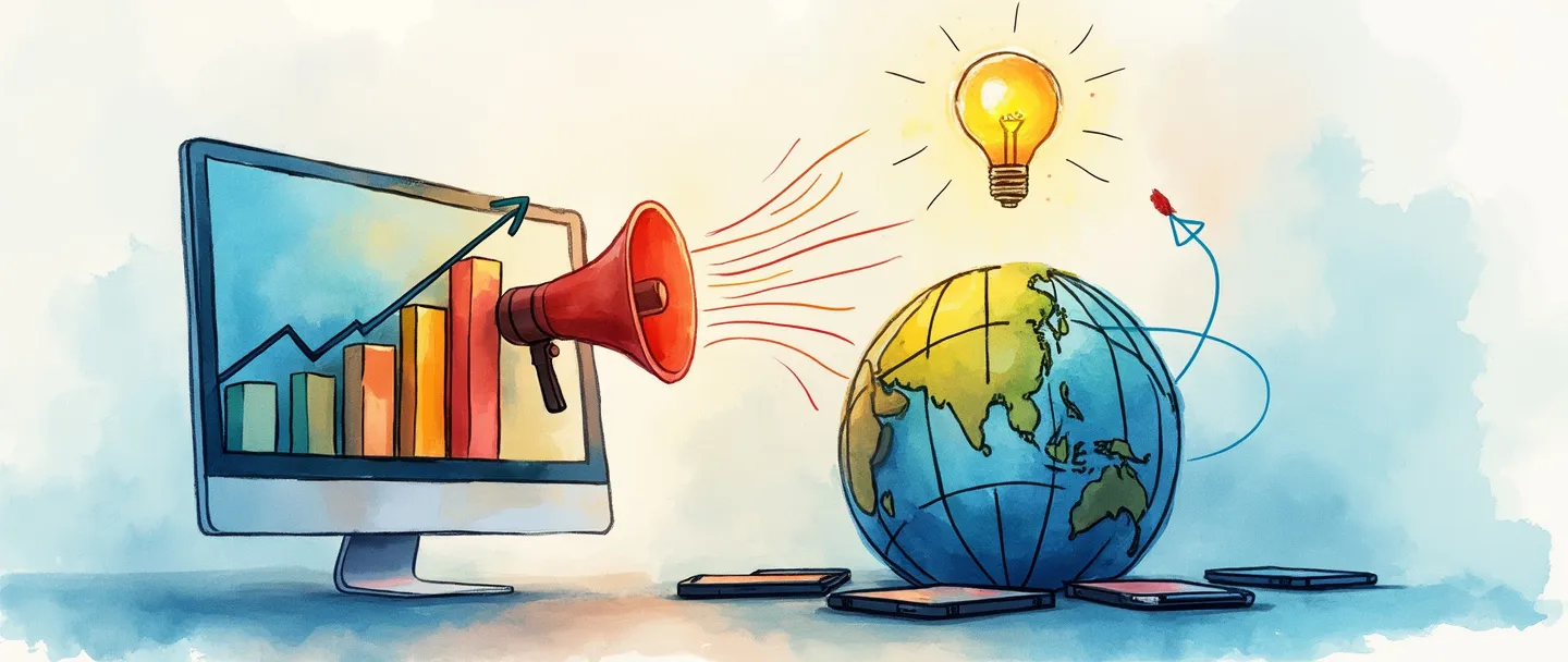 Uma pintura digital em aquarela de uma tela de computador exibindo um gráfico de barras colorido com tendência ascendente, com um megafone emitindo ondas que se conectam a um globo cercado por smartphones. Uma lâmpada flutua acima, iluminando um alvo com uma flecha atingindo o centro. Composição simples, azuis e laranjas vibrantes, transmitindo sucesso em marketing digital.
