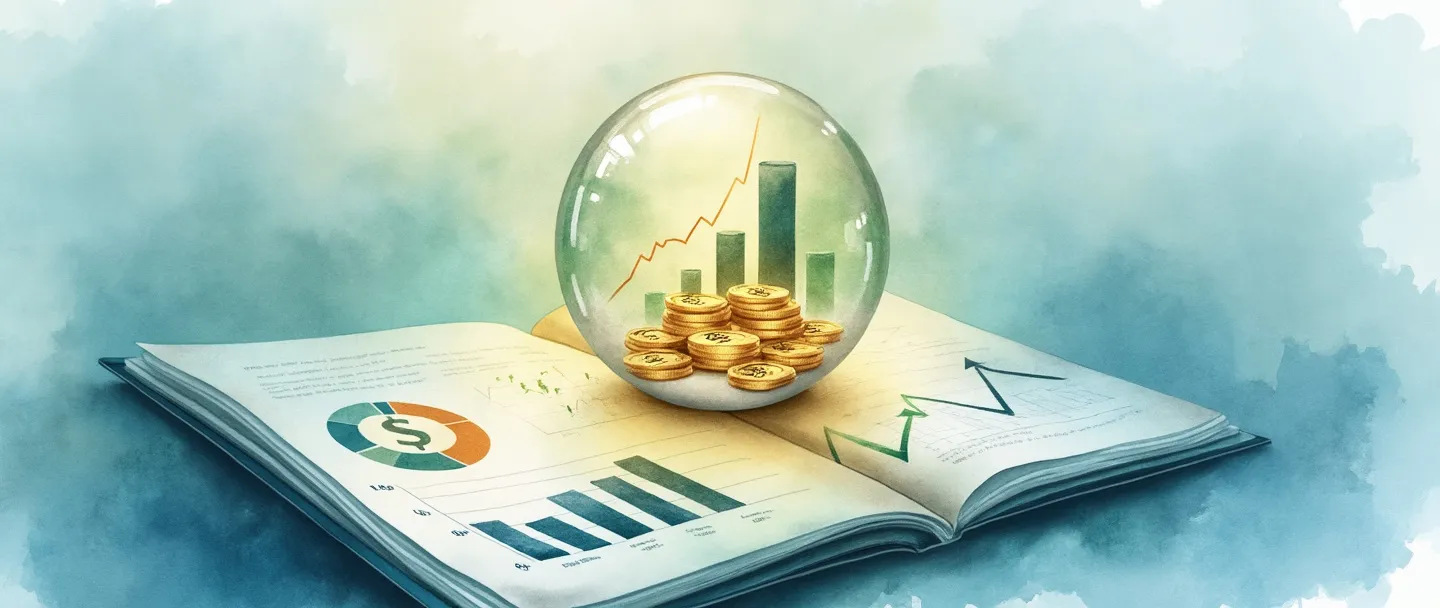 Uma pintura digital em aquarela de um relatório financeiro aberto com gráficos de barras crescentes e gráficos de linha com tendência ascendente em tons suaves de azul e verde. Uma bola de cristal mostrando moedas e cifrões flutua acima do relatório, com suaves raios de luz dourada emanando dela, sugerindo previsões de receita futura. Composição simples com elementos mínimos, focada em negócios, mas visualmente atraente.