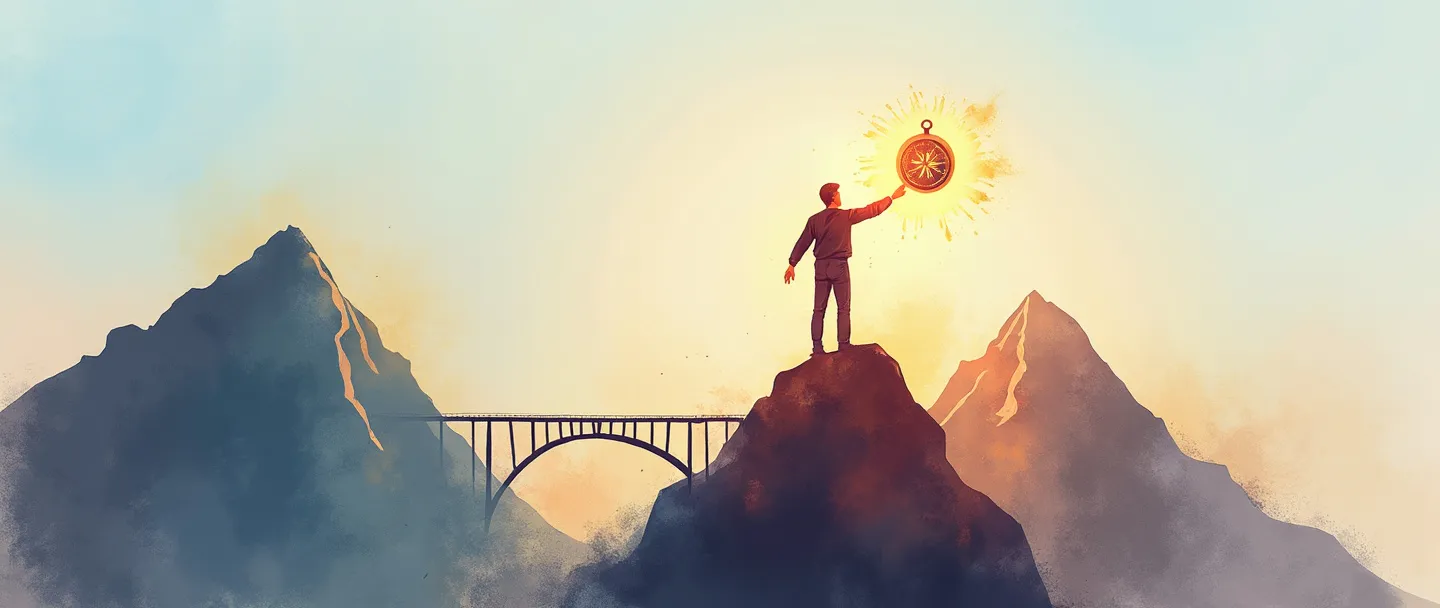 Uma pintura digital em aquarela de uma figura confiante em pé no topo de uma montanha, estendendo a mão para ajudar outros a subirem. Uma bússola na outra mão brilha com propósito, enquanto uma ponte conecta dois picos atrás dela. Composição simples, cores quentes e inspiradoras, tema de qualidade de liderança.