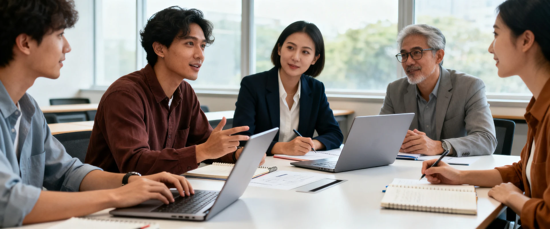 Metodologias ativas de aprendizagem: entenda o conceito e veja 16 exemplos Profissionais diversos colaborando em sala de treinamento moderna com laptops e notebooks, momento autêntico de aprendizado interativo capturado em fotografia editorial ultra-realista com luz natural.