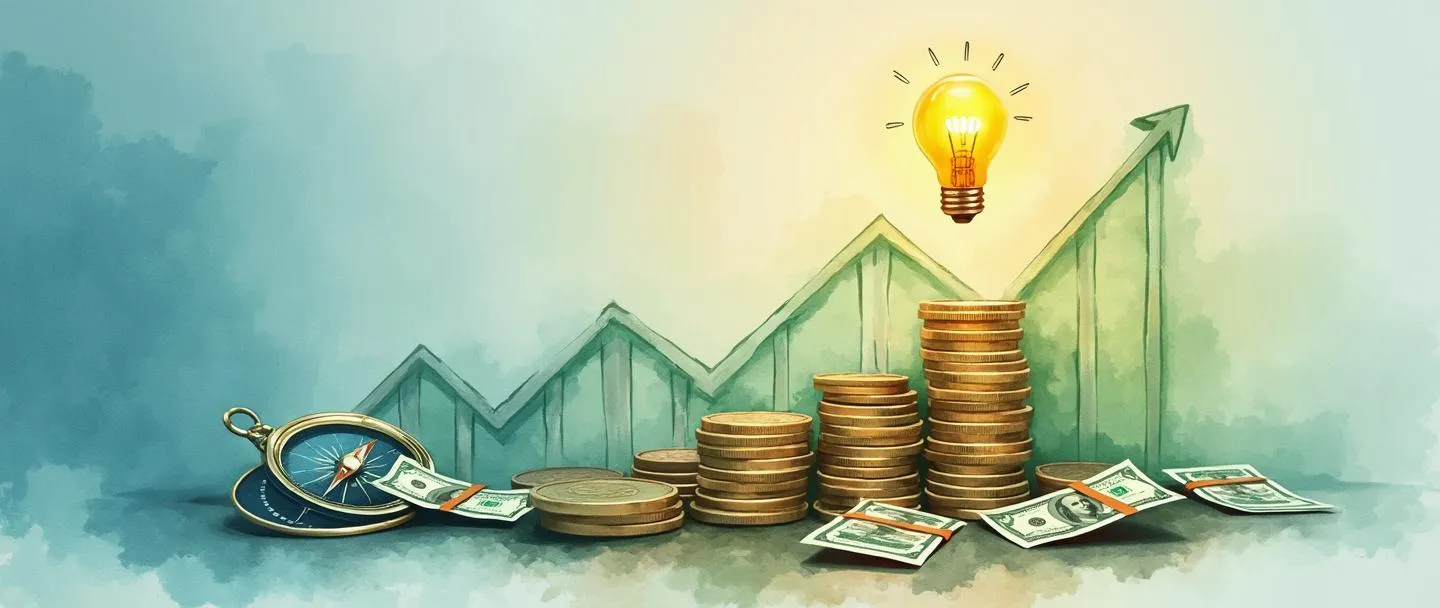 Uma pintura digital em aquarela de um gráfico simplificado do mercado de ações com tendência de alta, com algumas moedas coloridas e notas de dinheiro flutuando ao redor. Uma pequena bússola dourada aponta para uma lâmpada brilhante pairando acima do gráfico. Composição limpa com tons suaves de azul e verde transmitindo crescimento financeiro e direção.