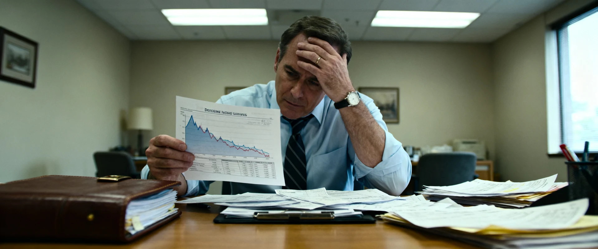 Empresário estressado analisando gráficos financeiros em declínio e contas não pagas em escritório pequeno, fotografia documental ultra-realista em alta resolução com luz natural, capturando momento autêntico de desafios nos negócios.