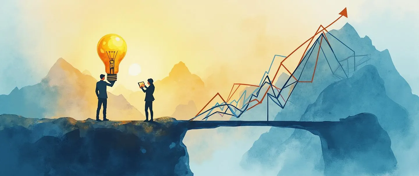 Uma pintura digital em aquarela de dois empresários examinando um mapa estratégico com uma bússola, em pé sobre uma ponte que conecta a base de uma montanha ao seu pico. Uma lâmpada brilha acima deles, iluminando um gráfico com tendência ascendente. Composição simples com vibrantes tons de azul e dourado, transmitindo orientação e visão estratégica.