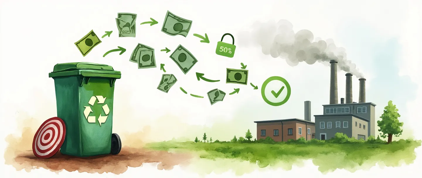 Uma pintura digital em aquarela de uma lixeira de reciclagem com setas fluindo para fora dela, transformando-se em dinheiro e recursos. Um alvo com um sinal verde de verificação está próximo, enquanto uma pequena fábrica com emissões reduzidas de resíduos aparece ao fundo. Composição simples com tons terrosos e verdes, transmitindo metas de redução de resíduos e eficiência.
