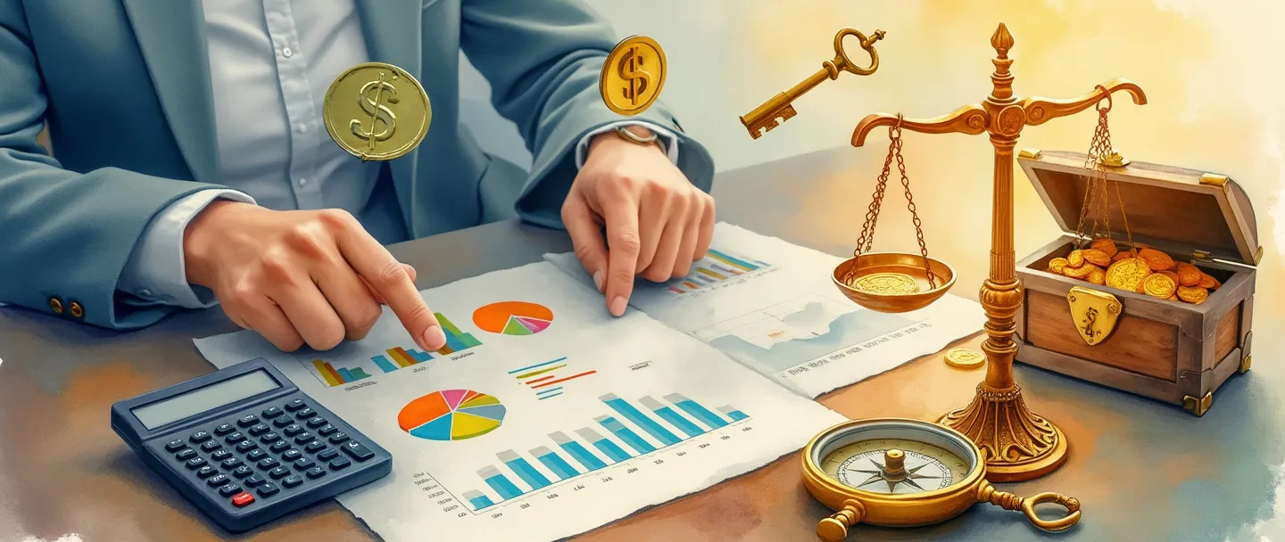 Uma pintura digital em aquarela de uma pessoa de negócios analisando gráficos e tabelas financeiras em um computador, com uma calculadora próxima. Símbolos de dinheiro e uma balança pairam acima, enquanto uma bússola aponta para uma chave dourada destrancando um baú do tesouro. Composição simples com cores quentes transmitindo tomada de decisões financeiras.