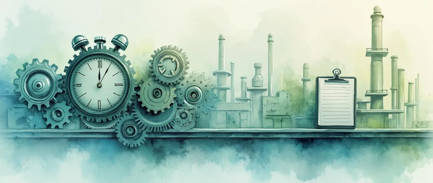 Uma pintura digital em aquarela de engrenagens aerodinâmicas fluindo eficientemente em um layout fabril minimalista. Um cronômetro e uma prancheta mostram processos otimizados, com elementos desnecessários desaparecendo gradualmente. Linhas limpas, tons suaves de azul e verde, transmitindo eficiência operacional enxuta.