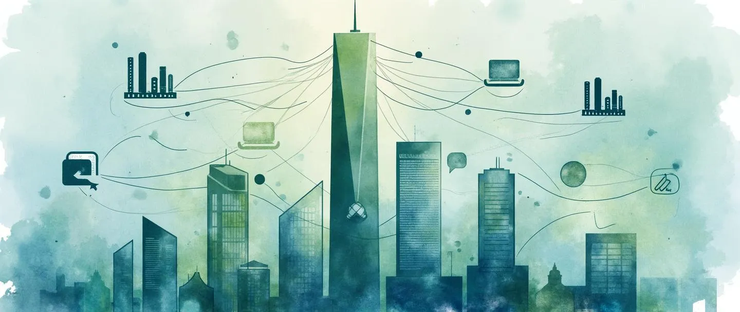 Uma pintura digital em aquarela de um arranha-céu central conectado a edifícios industriais menores através de linhas fluidas, formando uma rede. Uma pasta de documentos e um gráfico de barras pairam nas proximidades, com um aperto de mãos simbolizando parceria no centro. Composição simples com tons suaves de azul e verde, representando organização empresarial setorial.