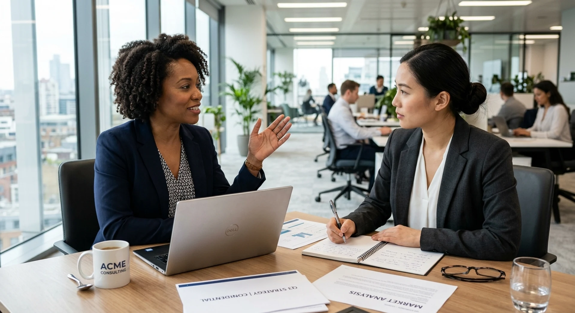 Consultoria x Coaching: Qual a Melhor Opção para Sua Empresa? Fotografia editorial ultra-realista de dois profissionais de negócios diversos em reunião estratégica moderna, com mentor orientando enquanto outro faz anotações, capturada em alta resolução com luz natural em ambiente corporativo autêntico.