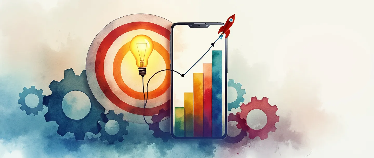 Uma pintura digital em aquarela de um smartphone exibindo um gráfico de barras colorido, conectado a um alvo com uma lâmpada em seu centro. Engrenagens flutuam suavemente ao redor da composição, com um pequeno foguete subindo junto ao gráfico ascendente. Composição simples, cores vibrantes, transmitindo qualidade em tecnologia de marketing.
