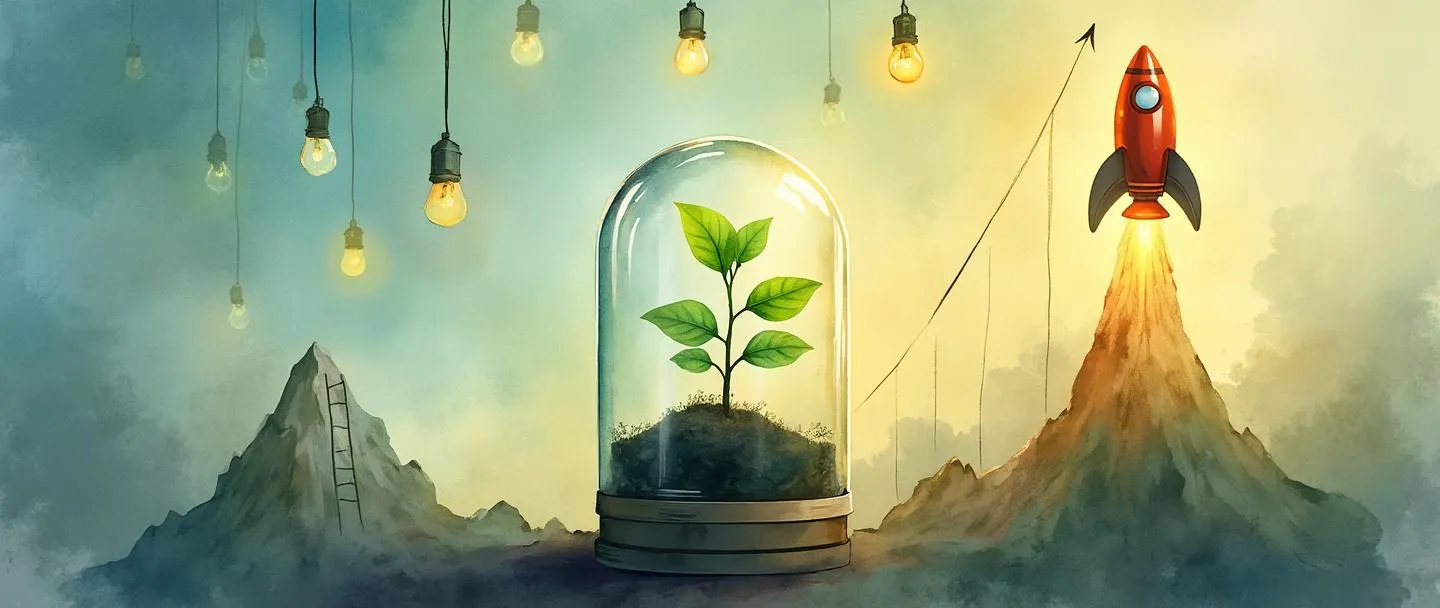 Uma pintura digital em aquarela de uma pequena muda crescendo dentro de uma incubadora transparente, transformando-se em um foguete à medida que se eleva. Ao seu redor estão lâmpadas flutuantes, uma escada que leva ao pico de uma montanha e um gráfico simples apontando para cima. Cores quentes com toques de verde e azul, transmitindo crescimento e inovação.