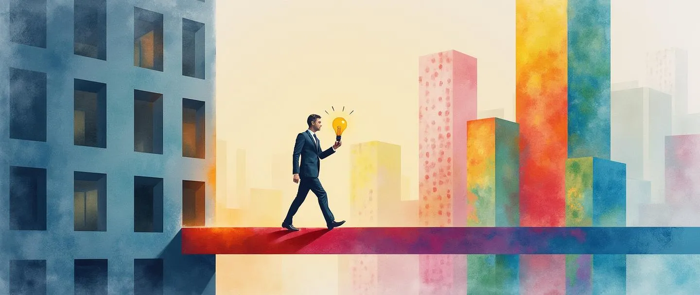 Uma pintura digital em aquarela de uma pessoa em traje de negócios saindo de um edifício de escritórios tradicional cinza e pisando em uma ponte colorida que leva a um arranha-céu moderno e vibrante. A pessoa segura uma lâmpada em uma mão e uma bússola na outra. Composição simples com elementos mínimos, usando cores vivas para contrastar o pensamento antigo e novo.
