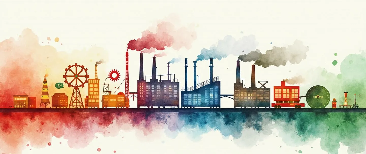 Uma pintura digital em aquarela de uma fábrica transformando matérias-primas em produtos acabados. Engrenagens coloridas conectam diferentes estágios de produção, com matérias-primas entrando por um lado e itens completos emergindo pelo outro. Design simples e fluido mostrando o processo de transformação com cores vibrantes, porém suaves.