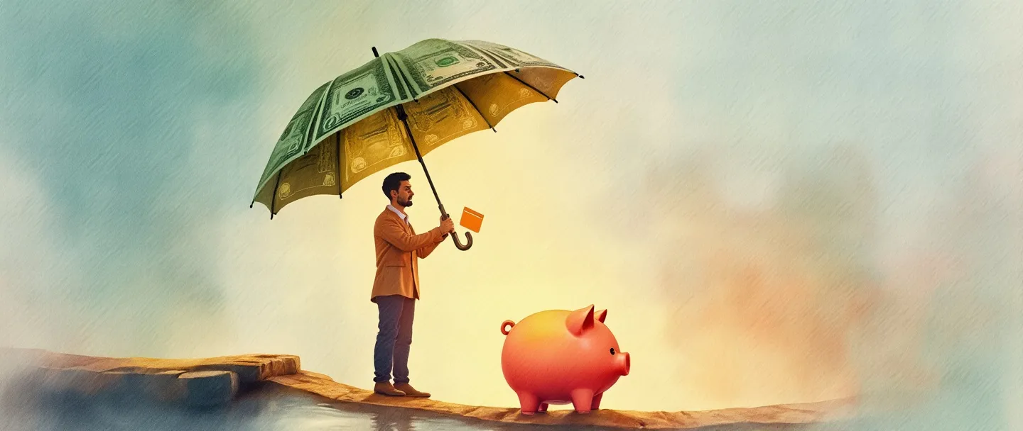Uma pintura digital em aquarela de uma pessoa segurando um cartão de crédito enquanto um guarda-chuva protetor feito de notas de dólar a protege. Uma pequena ponte a conecta a um cofre de porquinho brilhando com oportunidade. Composição simples com cores quentes transmitindo segurança financeira e crescimento pessoal.