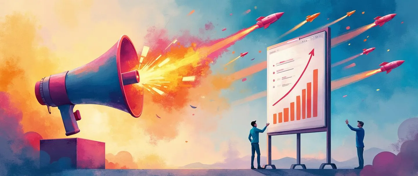 Uma pintura digital em aquarela de um megafone lançando foguetes coloridos que se transformam em banners de campanha no ar. Uma pequena equipe está em um pódio, comemorando enquanto os foguetes iluminam um quadro de metas mostrando métricas de crescimento. Composição simples com cores vibrantes capturando a essência de lançamentos de campanha.