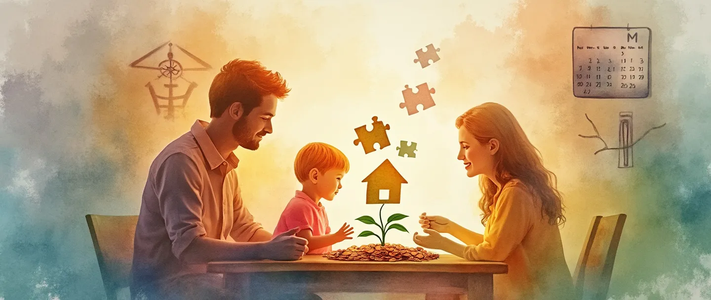 Uma pintura digital em aquarela de uma silhueta de família reunida ao redor de uma mesa com um documento de plano de negócios, cercada por suaves peças de quebra-cabeça que se conectam para formar o formato de uma casa. Uma pequena planta com moedas como folhas cresce ao lado deles, enquanto um calendário e uma bússola aparecem sutilmente no fundo. Cores quentes e harmoniosas transmitindo crescimento, segurança e planejamento futuro.