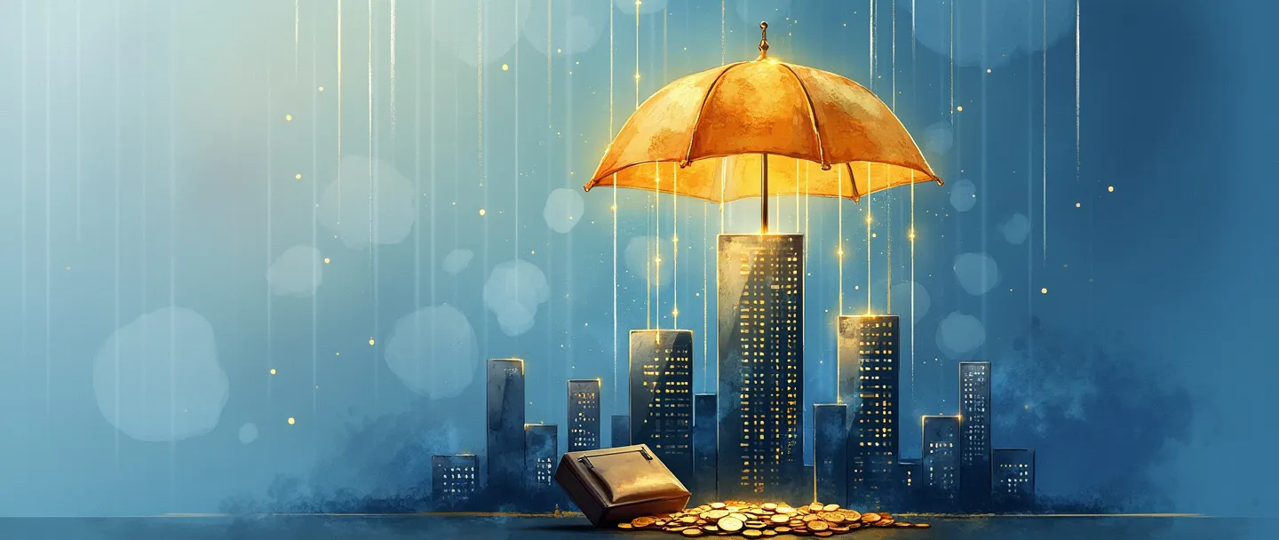 Uma pintura digital em aquarela de um arranha-céu principal conectado a edifícios de escritórios menores através de fios dourados brilhantes. Um guarda-chuva protetor feito de certificados de ações paira acima deles. Uma pasta de investimentos e moedas estão aninhadas na base. Composição simples com tons de azul e dourado transmitindo estabilidade financeira e proteção.