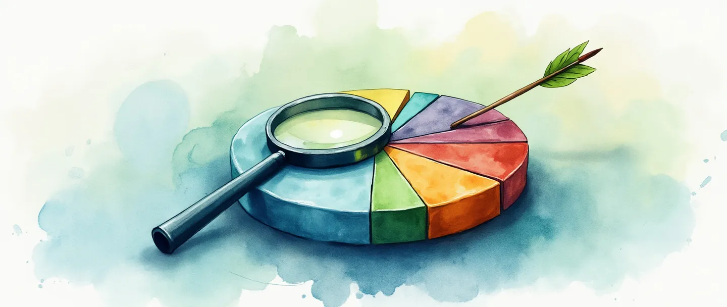 Uma pintura digital em aquarela de um gráfico de pizza dividido em segmentos coloridos, com uma lupa destacando um segmento específico. Um alvo com anéis de diferentes cores está próximo, com uma flecha acertando uma seção. Composição simples, com foco em negócios, com tons suaves de azul e verde representando segmentação de mercado e valor focado.