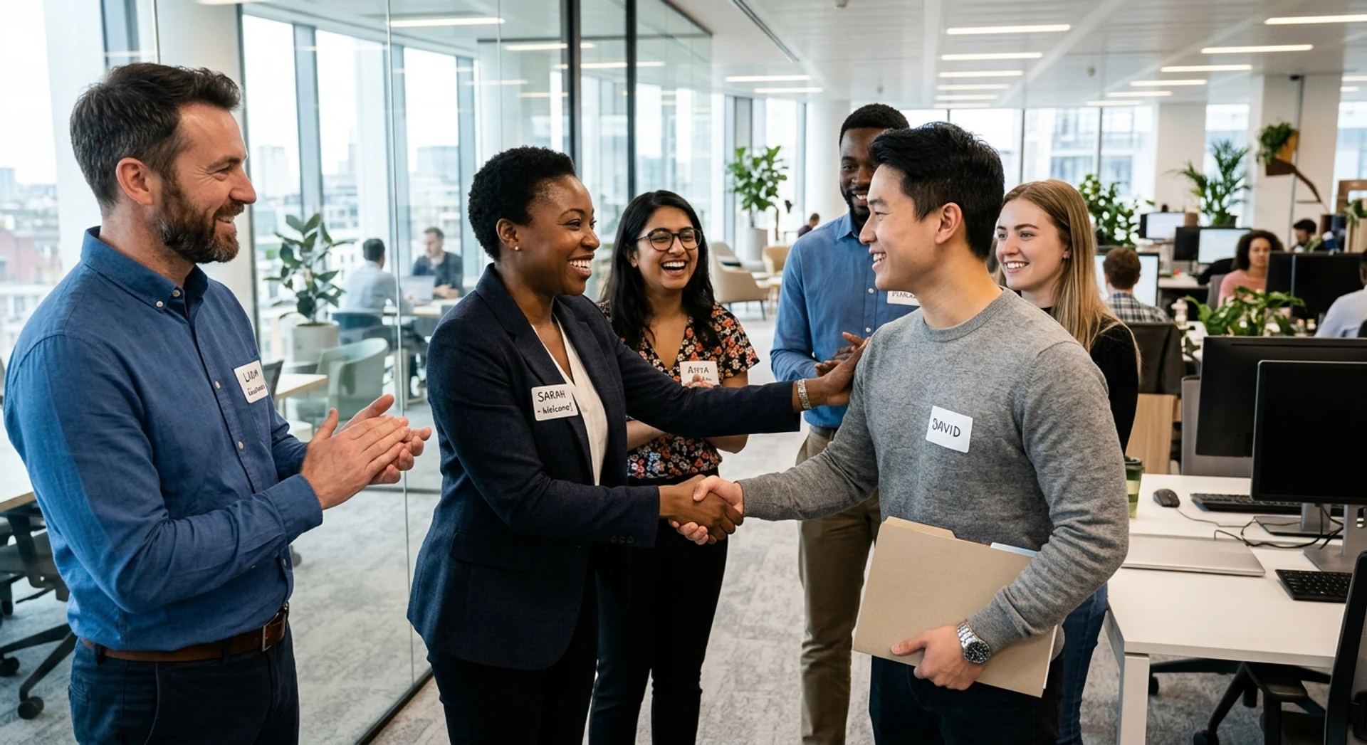 7 ideias para receber novos funcionários de maneira acolhedora e eficaz Fotografia editorial ultra-realista de grupo diverso de funcionários cumprimentando calorosamente novo colega em ambiente corporativo moderno e iluminado, capturando momento autêntico de boas-vindas no escritório com detalhes nítidos e cores naturais.