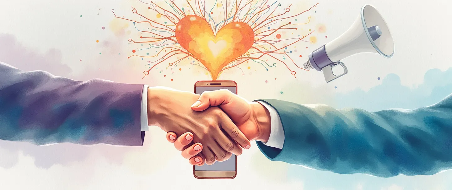 Uma pintura digital em aquarela de um aperto de mão entre uma pessoa e um smartphone exibindo um influenciador sorridente. Acima deles, uma rede de conexões coloridas forma o formato de um coração, com um megafone emitindo suaves ondas de luz. Composição simples com cores vibrantes em um fundo limpo.