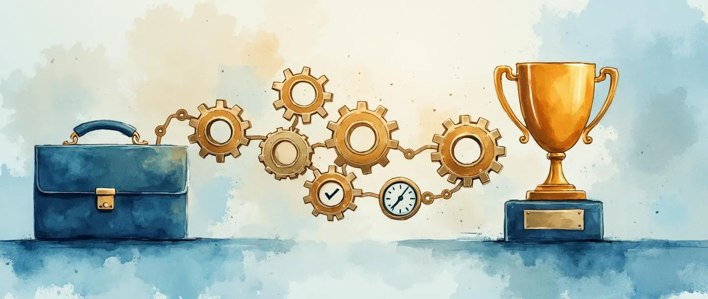 Uma pintura digital em aquarela de engrenagens interconectadas fluindo em um caminho claro de uma pasta executiva até um troféu, com um fluxograma simples conectando-os. Um pequeno relógio e uma marca de verificação indicam o progresso ao longo do caminho. Composição limpa e organizada com tons suaves de azul e dourado transmitindo eficiência e sucesso.