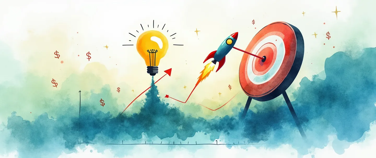 Uma pintura digital em aquarela de um gráfico com tendência ascendente com uma lâmpada acima dele, conectada a um alvo com uma flecha acertando o centro. Um pequeno foguete decola ao lado da linha do gráfico, com símbolos de cifrão sutis flutuando ao redor. Composição simples com azuis e verdes vibrantes, transmitindo crescimento de vendas e estratégia de otimização.