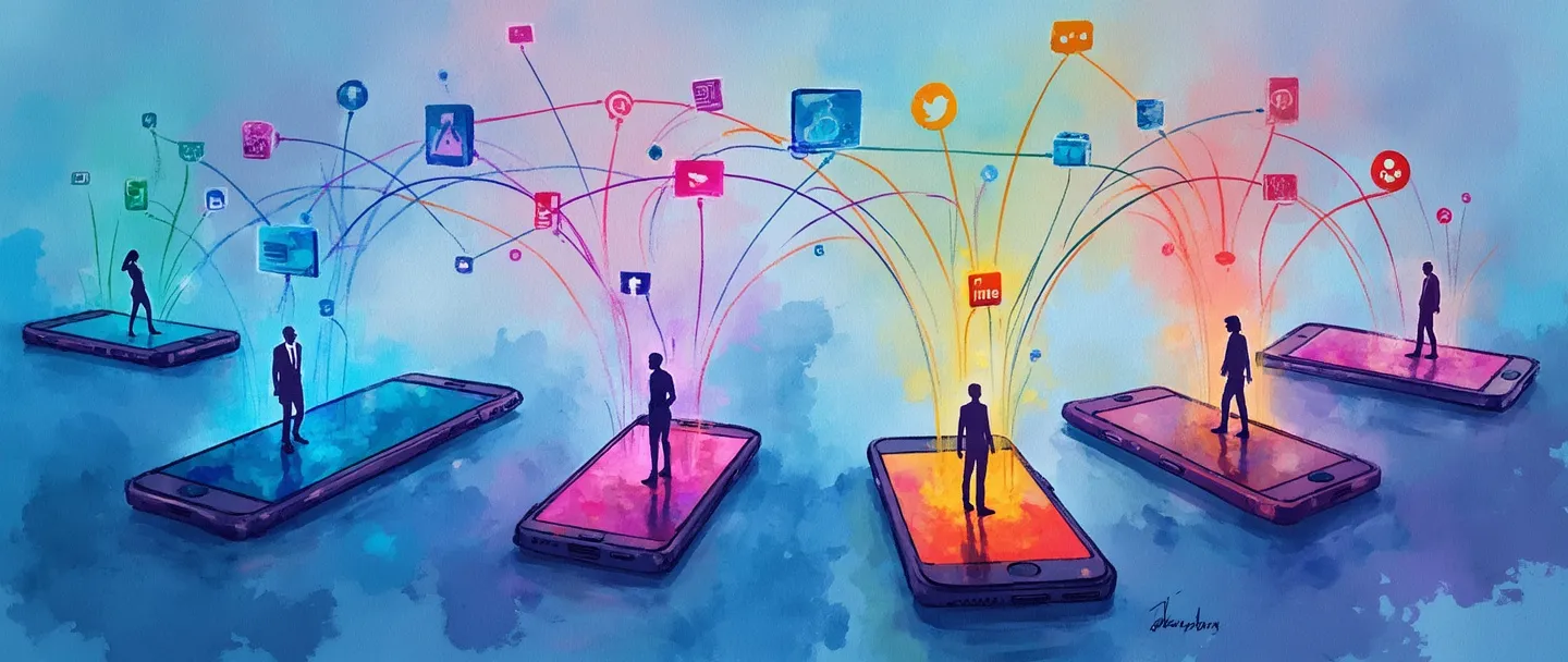 Tradução para pt-br:

Uma pintura digital em aquarela de smartphones interconectados emitindo ícones coloridos de redes sociais que fluem entre eles como correntes. Silhuetas de pessoas estão em pé sobre esses dispositivos, trocando mensagens e imagens através de uma teia de rede simplificada. Tons vibrantes de azul e roxo, composição simples, transmitindo conexão social digital.