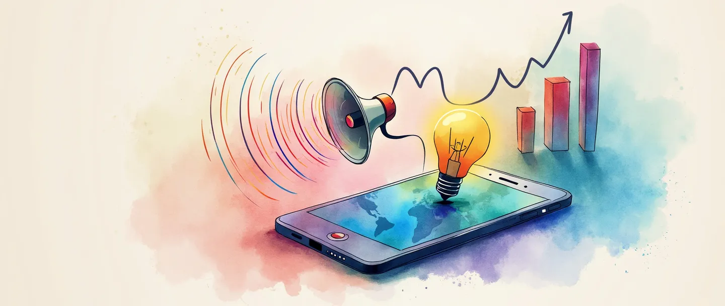 Uma pintura digital em aquarela de um smartphone emitindo ondas coloridas que se conectam a um globo terrestre. Um megafone e uma lâmpada flutuam próximos, com um gráfico de barras simples subindo ao fundo. Vibrante, porém minimalista, transmitindo o valor da comunicação digital através de símbolos simples e reconhecíveis.