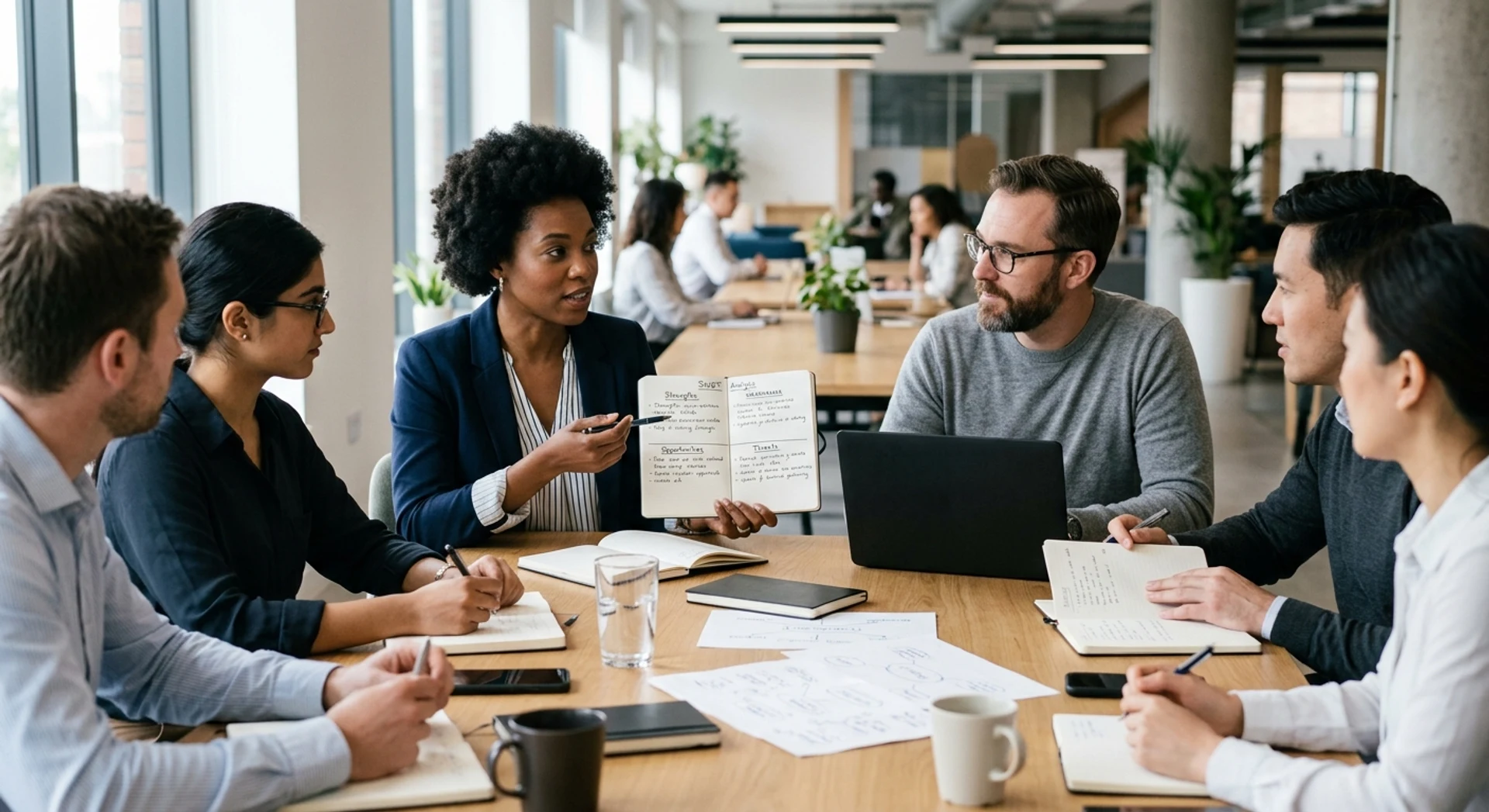 Matriz SWOT: como aplicar na estratégia e tomada de decisões Fotografia editorial ultra-realista de reunião de negócios em escritório moderno, equipe diversa colaborando ao redor de mesa de conferência com documentos e notebooks mostrando análise de quadrantes manuscrita, luz natural, foco nítido, alta resolução.