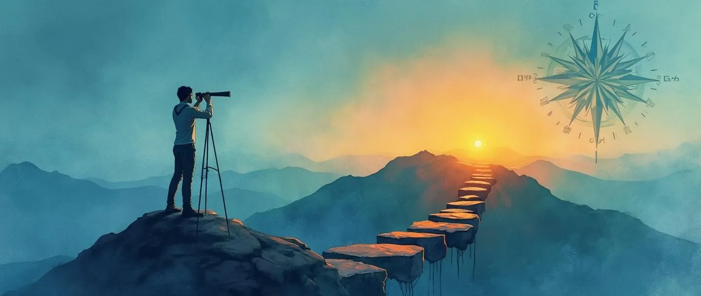 Uma pintura digital em aquarela de uma pessoa em pé no pico de uma montanha olhando através de um telescópio em direção a um horizonte distante onde um nascer do sol ilumina pedras de passagem que levam a um alvo. Uma rosa dos ventos aparece sutilmente no canto, com um caminho serpenteando do presente para o futuro. Composição simples com gradientes de azuis e laranjas.