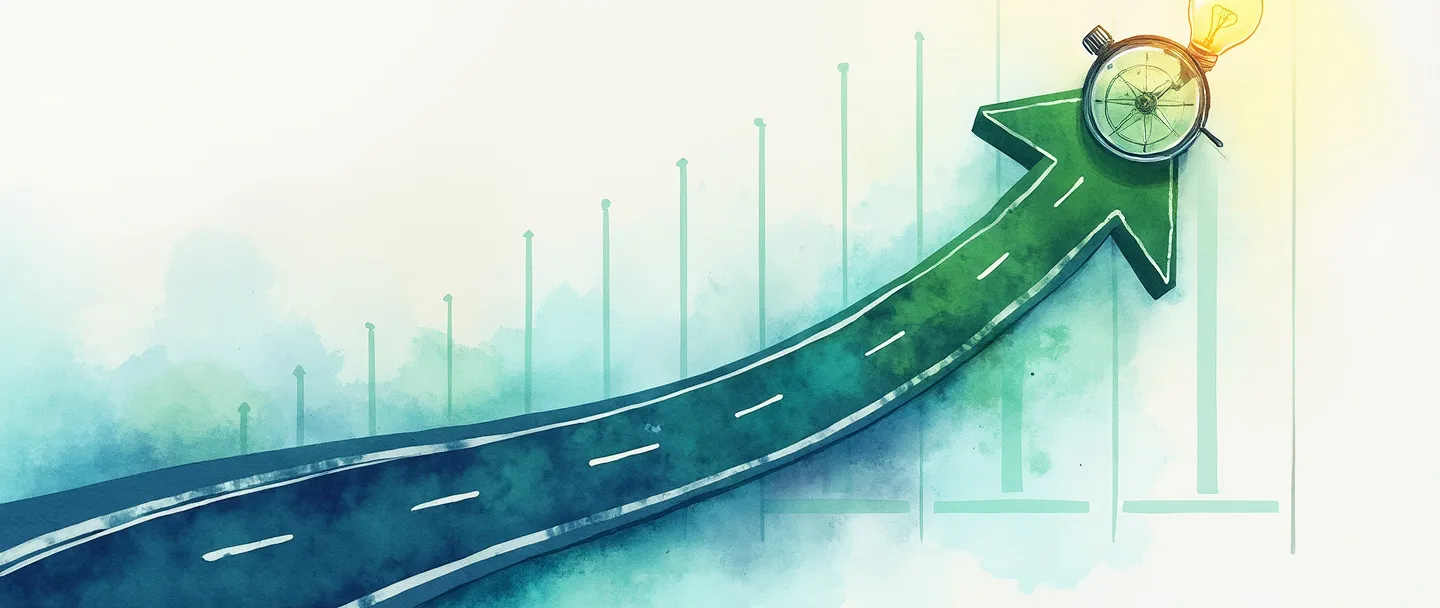 Uma pintura digital em aquarela de uma seta de tráfego fluindo gradualmente para cima em um gráfico simples, com uma pequena lâmpada iluminando o caminho. Uma bússola em miniatura guia a direção enquanto uma pequena lupa examina a tendência de crescimento. Composição limpa com azuis e verdes vibrantes contra um fundo branco suave.